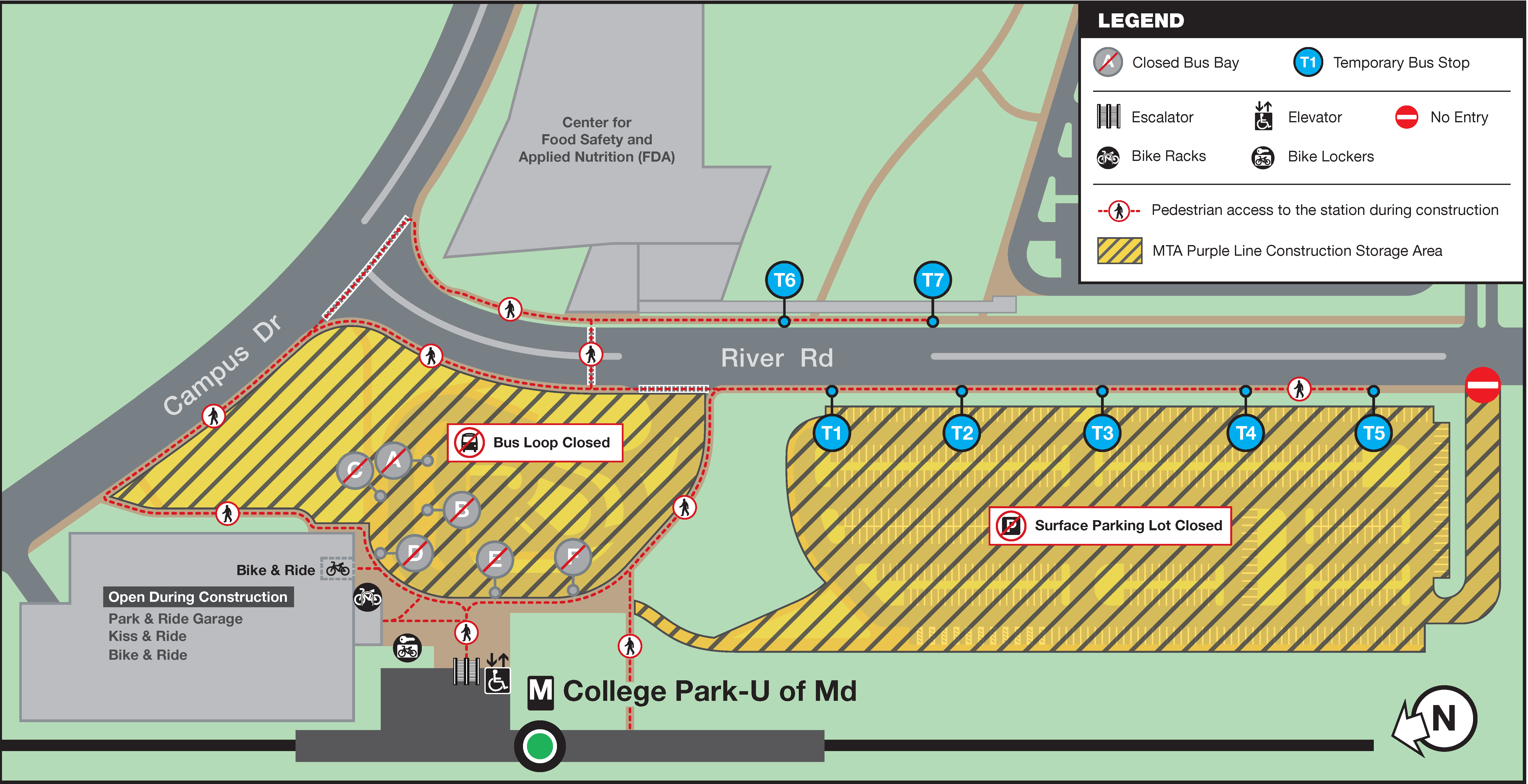 Map of College Park Bus Loop bus stop relocations along River Road. Refer to text on this page for more information.