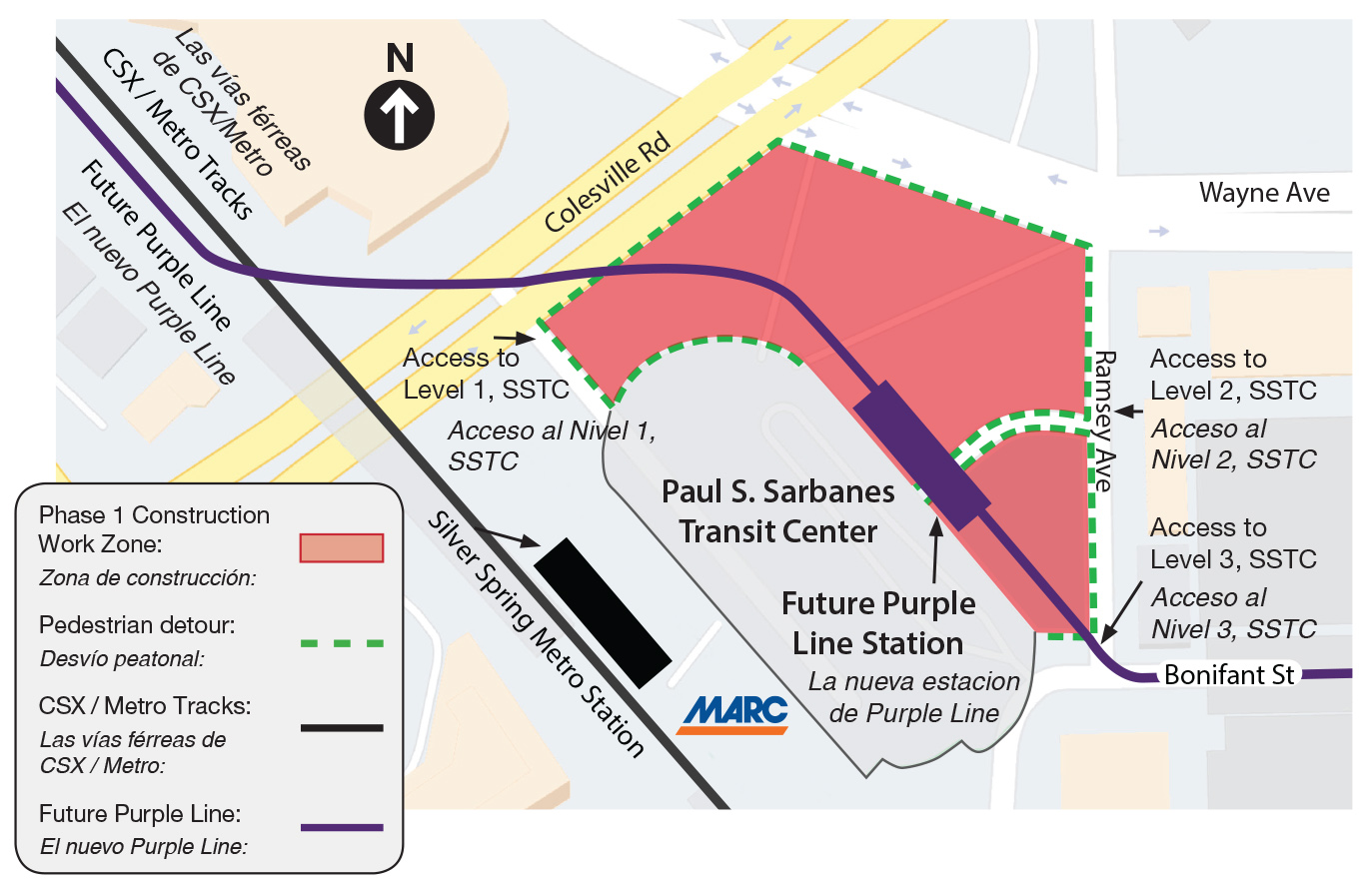 Map of Silver Spring Transit Center pedestrian detour. Refer to text on this page for more information.